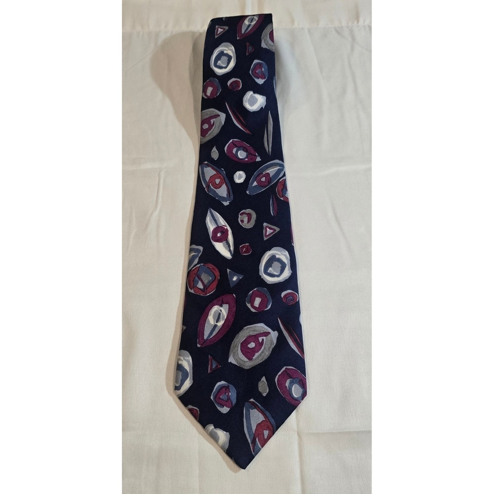 Vintage All Silk Hand Made Geometric Pattern Necktie Navy Blue Burgundy Gray